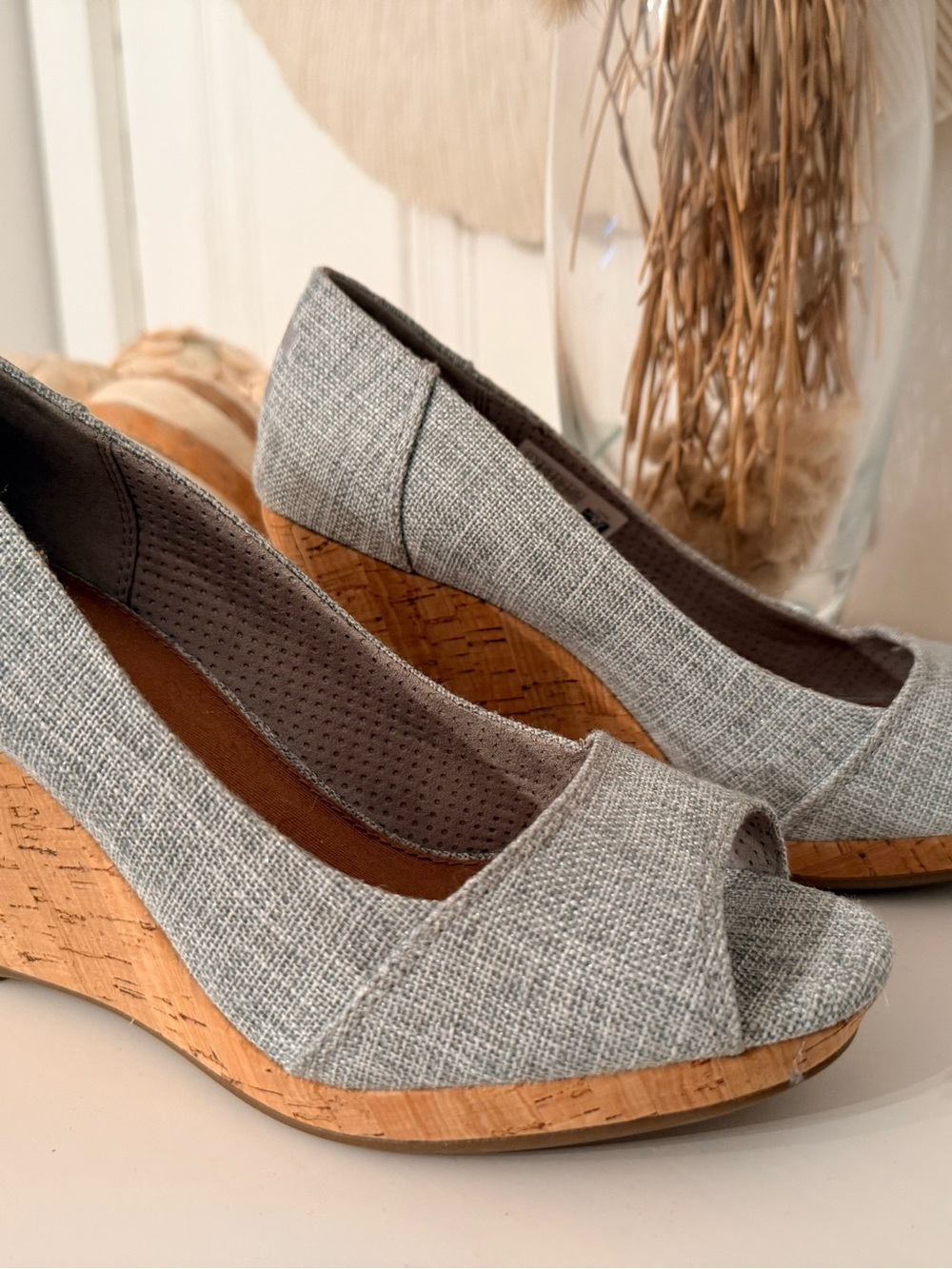 Toms Blue/Grey Fabric Peep-Toe Cork Wedges